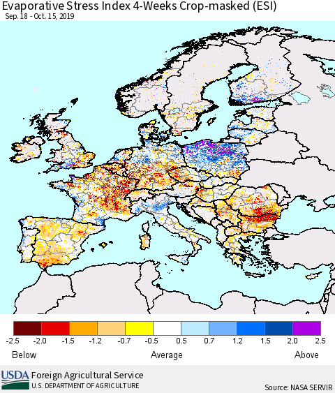 Europe Evaporative Stress Index (ESI), 4-Weeks over Croplands Thematic Map For 10/14/2019 - 10/20/2019