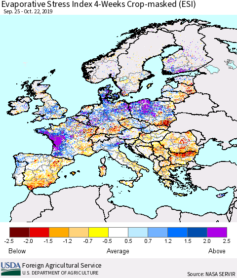 Europe Evaporative Stress Index (ESI), 4-Weeks over Croplands Thematic Map For 10/21/2019 - 10/27/2019