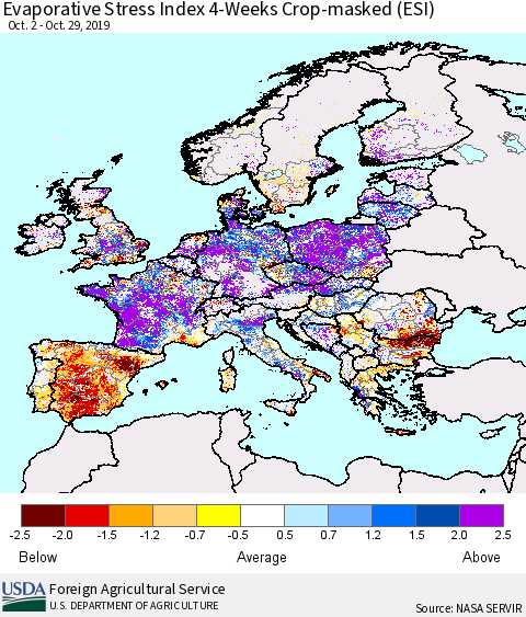 Europe Evaporative Stress Index (ESI), 4-Weeks over Croplands Thematic Map For 10/28/2019 - 11/3/2019