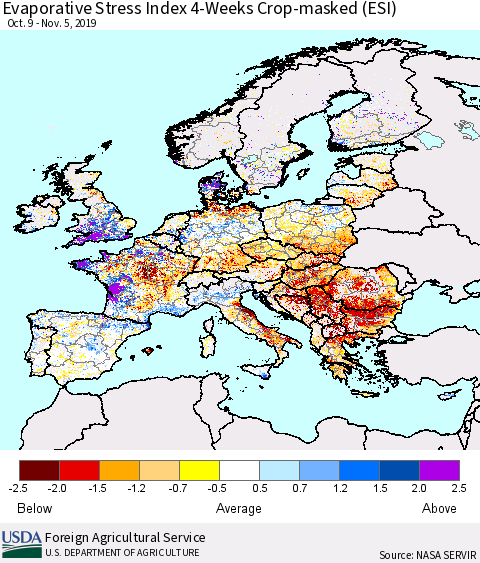 Europe Evaporative Stress Index (ESI), 4-Weeks over Croplands Thematic Map For 11/4/2019 - 11/10/2019