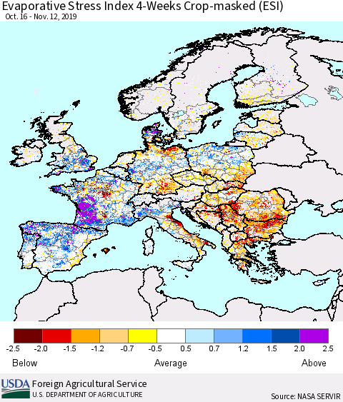 Europe Evaporative Stress Index (ESI), 4-Weeks over Croplands Thematic Map For 11/11/2019 - 11/17/2019