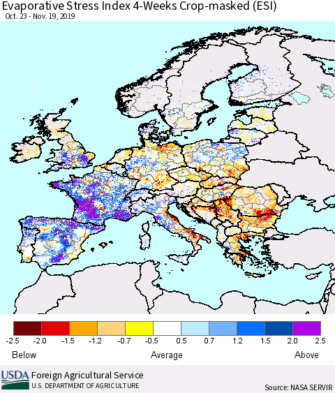Europe Evaporative Stress Index (ESI), 4-Weeks over Croplands Thematic Map For 11/18/2019 - 11/24/2019