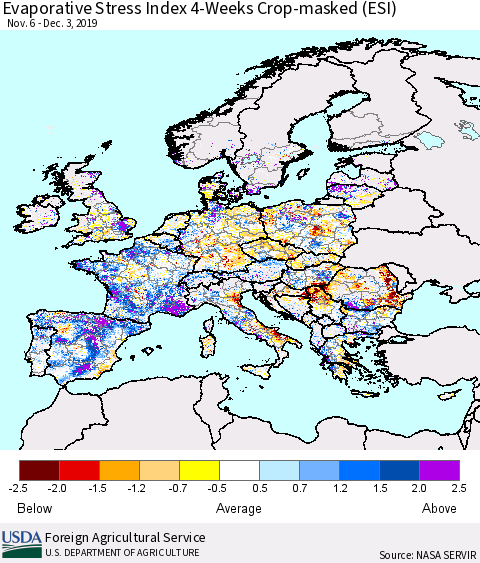 Europe Evaporative Stress Index (ESI), 4-Weeks over Croplands Thematic Map For 12/2/2019 - 12/8/2019