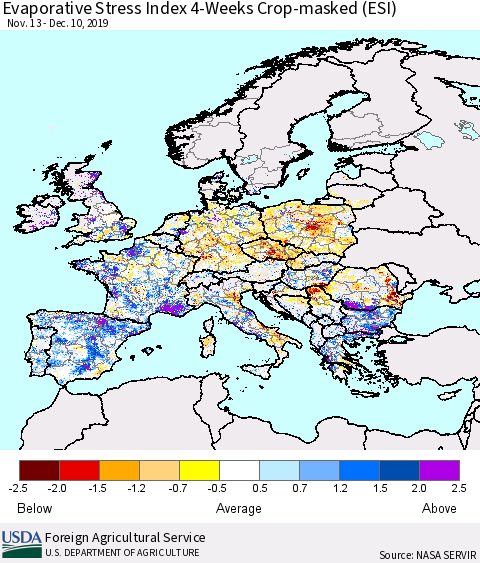 Europe Evaporative Stress Index (ESI), 4-Weeks over Croplands Thematic Map For 12/9/2019 - 12/15/2019