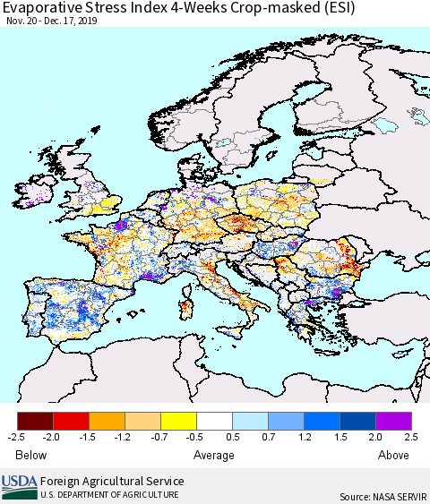 Europe Evaporative Stress Index (ESI), 4-Weeks over Croplands Thematic Map For 12/16/2019 - 12/22/2019