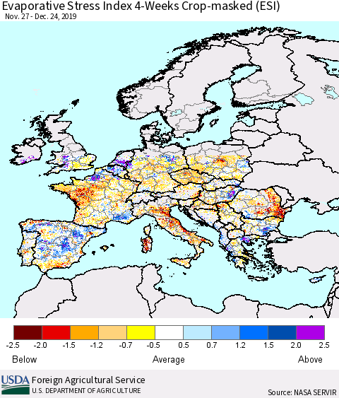 Europe Evaporative Stress Index (ESI), 4-Weeks over Croplands Thematic Map For 12/23/2019 - 12/29/2019