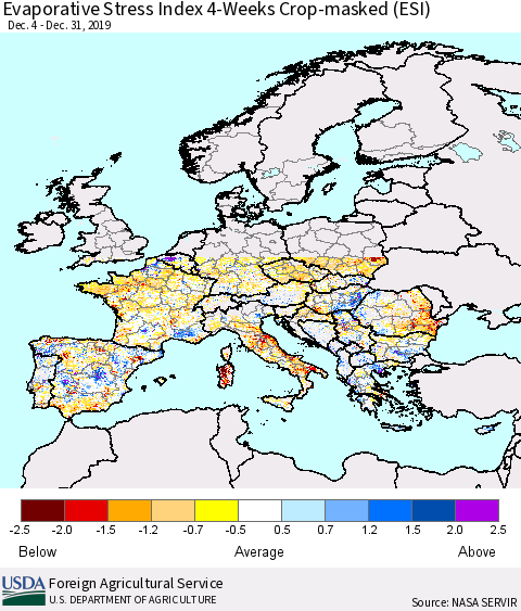 Europe Evaporative Stress Index (ESI), 4-Weeks over Croplands Thematic Map For 12/30/2019 - 1/5/2020