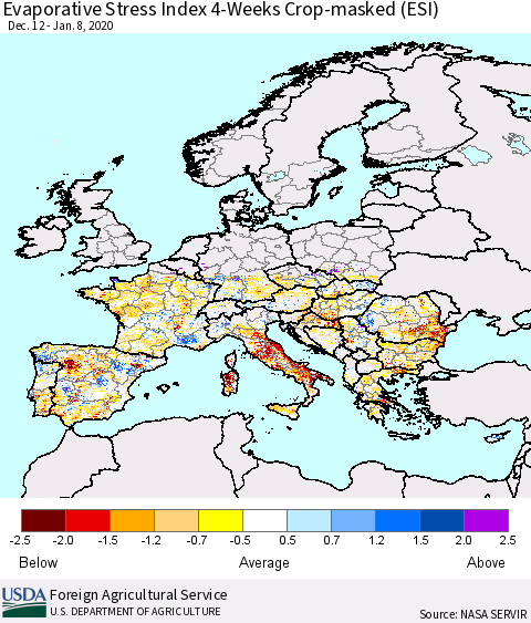 Europe Evaporative Stress Index (ESI), 4-Weeks over Croplands Thematic Map For 1/6/2020 - 1/12/2020