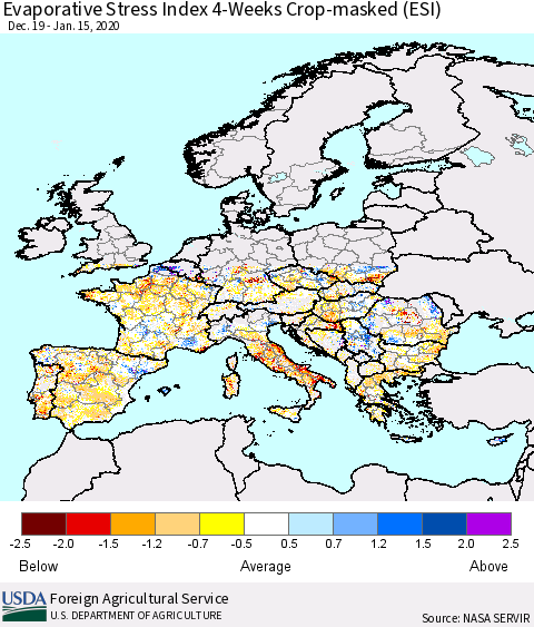 Europe Evaporative Stress Index (ESI), 4-Weeks over Croplands Thematic Map For 1/13/2020 - 1/19/2020