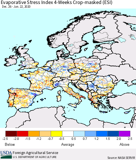Europe Evaporative Stress Index (ESI), 4-Weeks over Croplands Thematic Map For 1/20/2020 - 1/26/2020