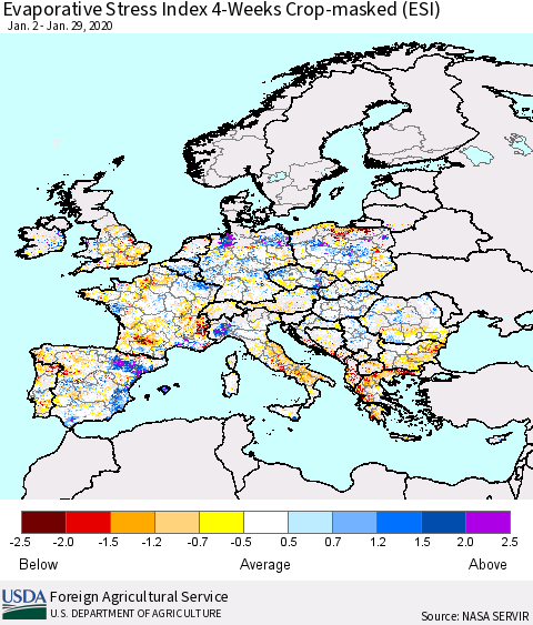 Europe Evaporative Stress Index (ESI), 4-Weeks over Croplands Thematic Map For 1/27/2020 - 2/2/2020