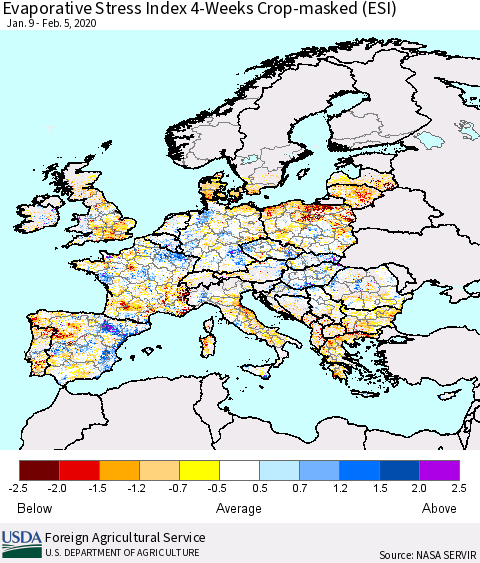 Europe Evaporative Stress Index (ESI), 4-Weeks over Croplands Thematic Map For 2/3/2020 - 2/9/2020