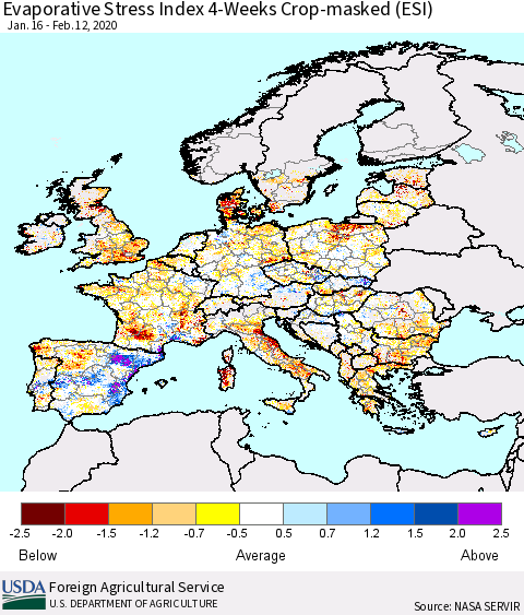 Europe Evaporative Stress Index (ESI), 4-Weeks over Croplands Thematic Map For 2/10/2020 - 2/16/2020