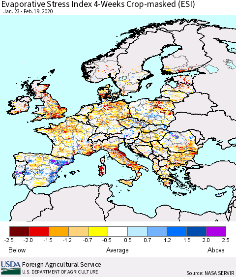 Europe Evaporative Stress Index (ESI), 4-Weeks over Croplands Thematic Map For 2/17/2020 - 2/23/2020