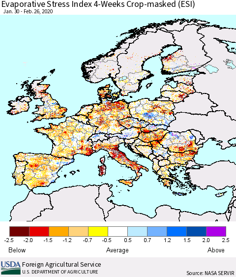 Europe Evaporative Stress Index (ESI), 4-Weeks over Croplands Thematic Map For 2/24/2020 - 3/1/2020