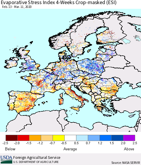 Europe Evaporative Stress Index (ESI), 4-Weeks over Croplands Thematic Map For 3/9/2020 - 3/15/2020