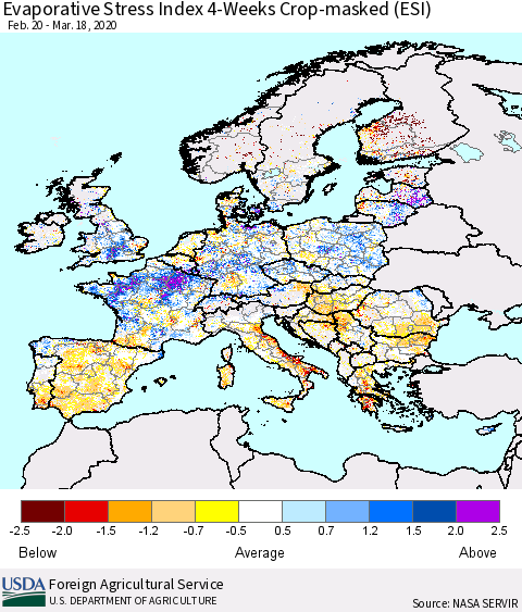 Europe Evaporative Stress Index (ESI), 4-Weeks over Croplands Thematic Map For 3/16/2020 - 3/22/2020
