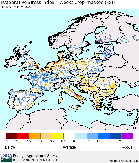 Europe Evaporative Stress Index (ESI), 4-Weeks over Croplands Thematic Map For 3/23/2020 - 3/29/2020