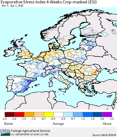 Europe Evaporative Stress Index (ESI), 4-Weeks over Croplands Thematic Map For 3/30/2020 - 4/5/2020