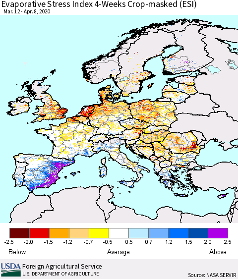 Europe Evaporative Stress Index (ESI), 4-Weeks over Croplands Thematic Map For 4/6/2020 - 4/12/2020