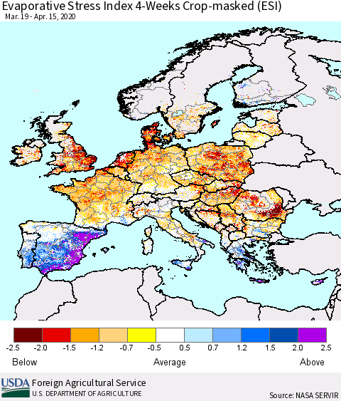 Europe Evaporative Stress Index (ESI), 4-Weeks over Croplands Thematic Map For 4/13/2020 - 4/19/2020