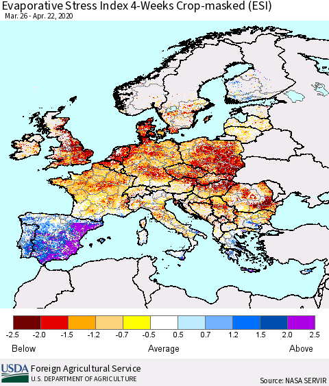 Europe Evaporative Stress Index (ESI), 4-Weeks over Croplands Thematic Map For 4/20/2020 - 4/26/2020