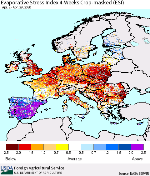 Europe Evaporative Stress Index (ESI), 4-Weeks over Croplands Thematic Map For 4/27/2020 - 5/3/2020