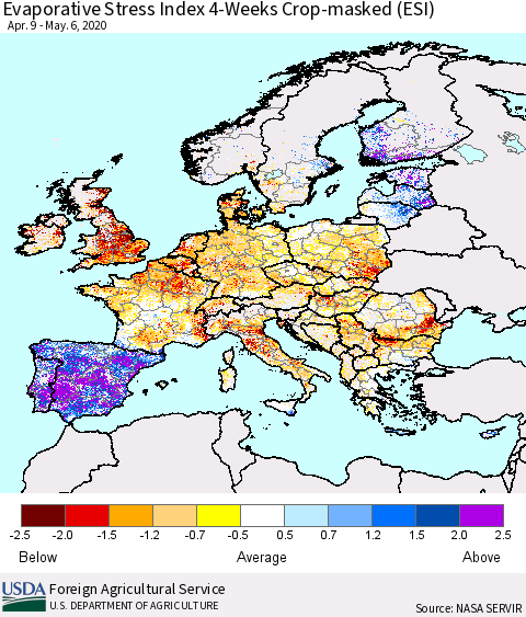 Europe Evaporative Stress Index (ESI), 4-Weeks over Croplands Thematic Map For 5/4/2020 - 5/10/2020