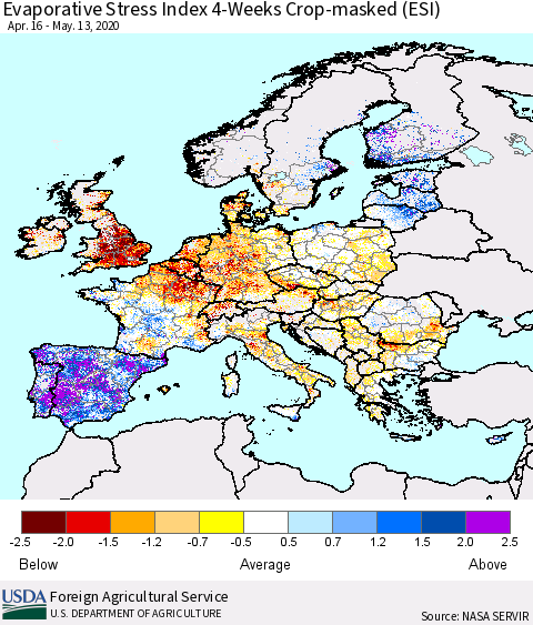 Europe Evaporative Stress Index (ESI), 4-Weeks over Croplands Thematic Map For 5/11/2020 - 5/17/2020