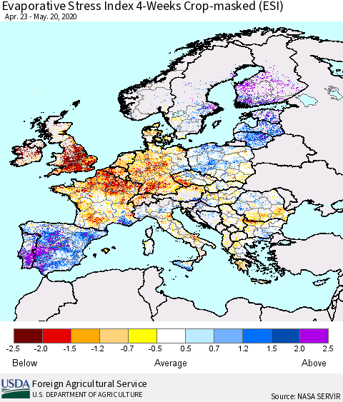 Europe Evaporative Stress Index (ESI), 4-Weeks over Croplands Thematic Map For 5/18/2020 - 5/24/2020