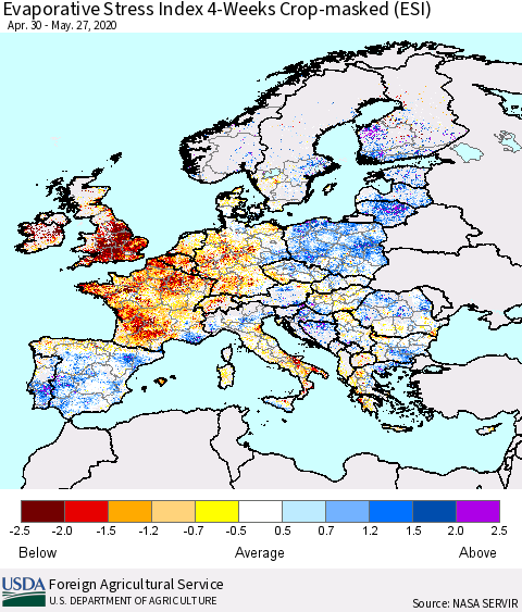 Europe Evaporative Stress Index (ESI), 4-Weeks over Croplands Thematic Map For 5/25/2020 - 5/31/2020