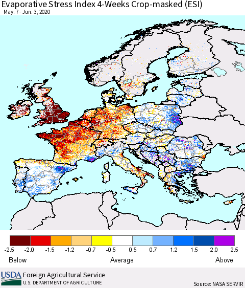 Europe Evaporative Stress Index (ESI), 4-Weeks over Croplands Thematic Map For 6/1/2020 - 6/7/2020