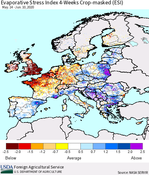 Europe Evaporative Stress Index (ESI), 4-Weeks over Croplands Thematic Map For 6/8/2020 - 6/14/2020
