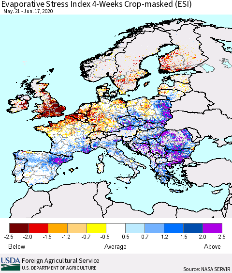 Europe Evaporative Stress Index (ESI), 4-Weeks over Croplands Thematic Map For 6/15/2020 - 6/21/2020