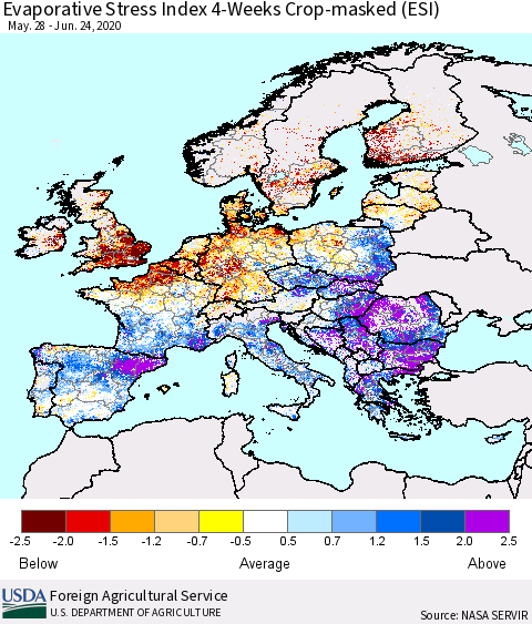 Europe Evaporative Stress Index (ESI), 4-Weeks over Croplands Thematic Map For 6/22/2020 - 6/28/2020