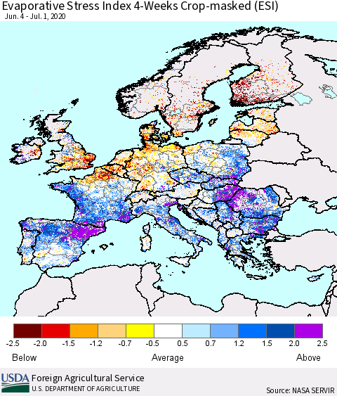 Europe Evaporative Stress Index (ESI), 4-Weeks over Croplands Thematic Map For 6/29/2020 - 7/5/2020