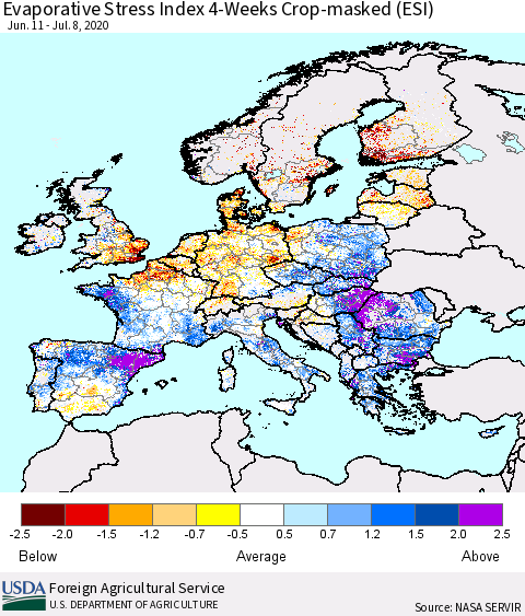Europe Evaporative Stress Index (ESI), 4-Weeks over Croplands Thematic Map For 7/6/2020 - 7/12/2020