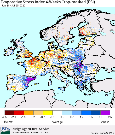Europe Evaporative Stress Index (ESI), 4-Weeks over Croplands Thematic Map For 7/13/2020 - 7/19/2020