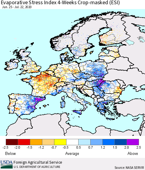 Europe Evaporative Stress Index (ESI), 4-Weeks over Croplands Thematic Map For 7/20/2020 - 7/26/2020