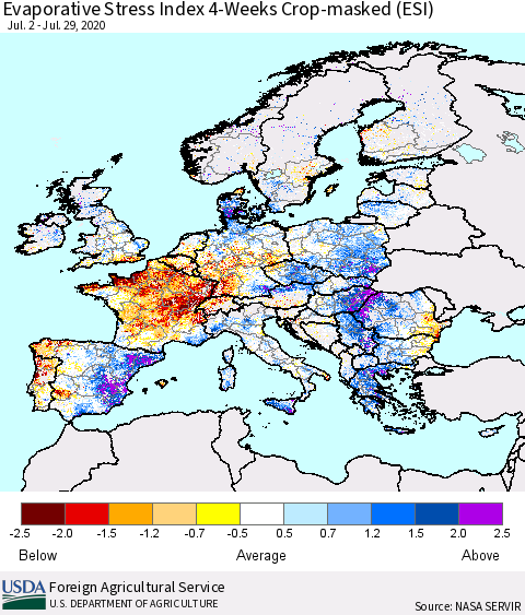 Europe Evaporative Stress Index (ESI), 4-Weeks over Croplands Thematic Map For 7/27/2020 - 8/2/2020