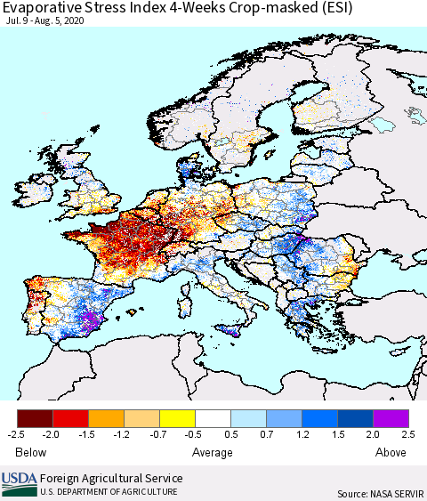 Europe Evaporative Stress Index (ESI), 4-Weeks over Croplands Thematic Map For 8/3/2020 - 8/9/2020