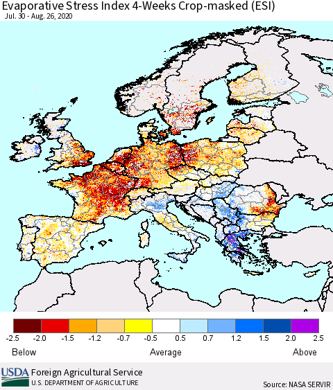 Europe Evaporative Stress Index (ESI), 4-Weeks over Croplands Thematic Map For 8/24/2020 - 8/30/2020