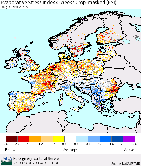 Europe Evaporative Stress Index (ESI), 4-Weeks over Croplands Thematic Map For 8/31/2020 - 9/6/2020