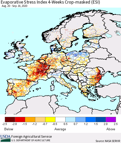 Europe Evaporative Stress Index (ESI), 4-Weeks over Croplands Thematic Map For 9/14/2020 - 9/20/2020