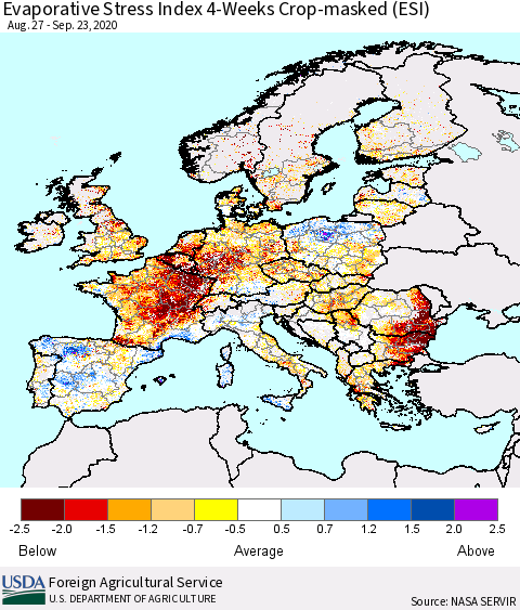 Europe Evaporative Stress Index (ESI), 4-Weeks over Croplands Thematic Map For 9/21/2020 - 9/27/2020