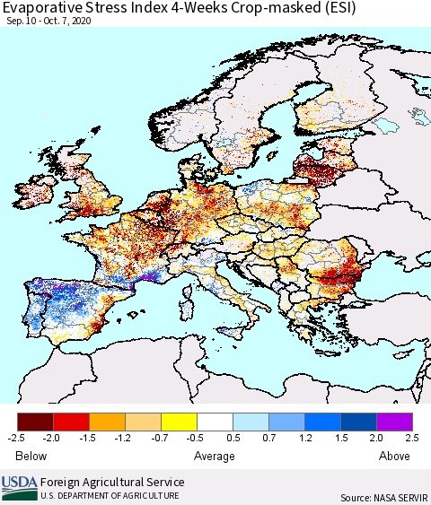 Europe Evaporative Stress Index (ESI), 4-Weeks over Croplands Thematic Map For 10/5/2020 - 10/11/2020
