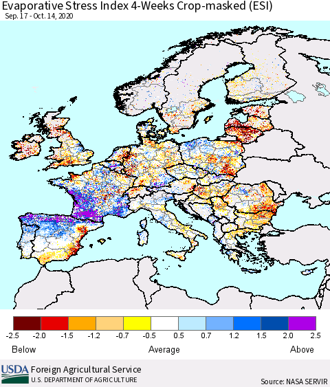 Europe Evaporative Stress Index (ESI), 4-Weeks over Croplands Thematic Map For 10/12/2020 - 10/18/2020
