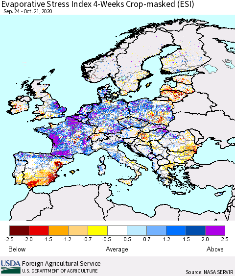 Europe Evaporative Stress Index (ESI), 4-Weeks over Croplands Thematic Map For 10/19/2020 - 10/25/2020
