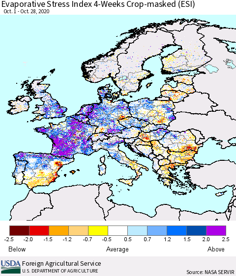 Europe Evaporative Stress Index (ESI), 4-Weeks over Croplands Thematic Map For 10/26/2020 - 11/1/2020