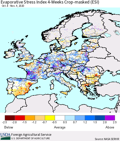 Europe Evaporative Stress Index (ESI), 4-Weeks over Croplands Thematic Map For 11/2/2020 - 11/8/2020